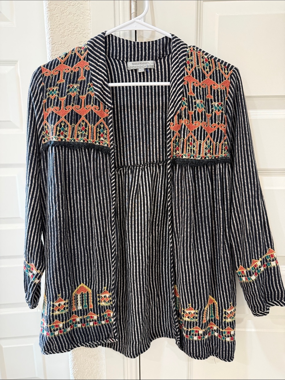 Cost Plus World Market Black and White Striped Embroidered Open Jacket
